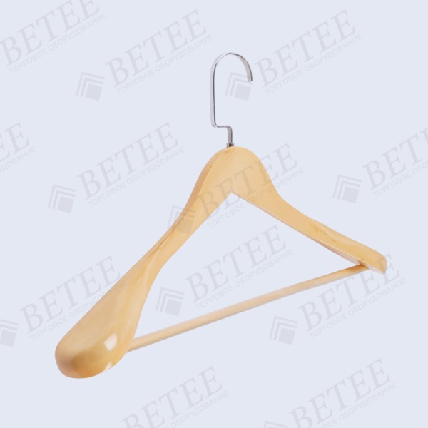 деревянная-вешалка-плечики-объемная-длина440мм-светлое-дерево-крючок-плоский-хром-C305D